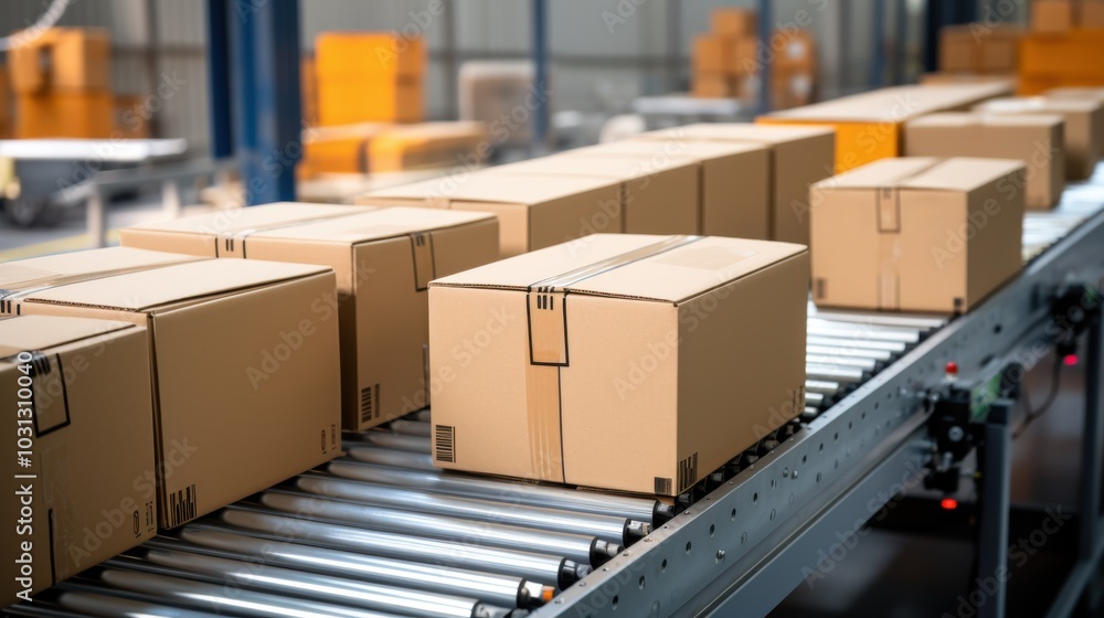 A busy conveyor belt efficiently transports packages in a logistic warehouse, illustrating modern automation and streamlined operations. A busy conveyor belt efficiently transports packages in a logistic warehouse, illustrating modern automation and streamlined operations.