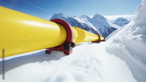 A robust yellow avalanche control pipe lies on a snowy mountain, emphasizing engineering marvels that ensure safety in mountainous terrains. photo