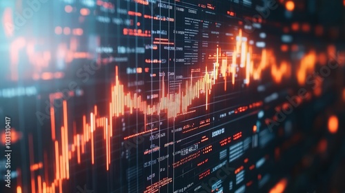 Abstract glowing orange and red stock market graph data display on a black background.