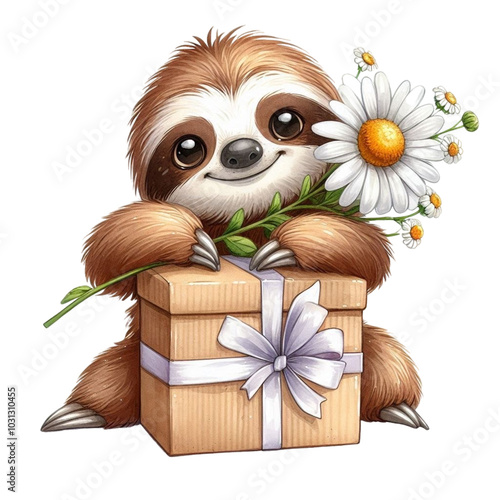 Cute sloth holding a daisy on a gift box clipart watercolor 
