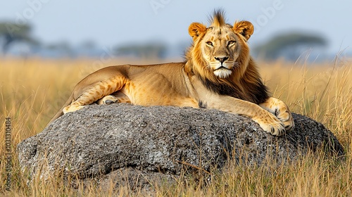 Majestic Lion Resting on Rock in African Savannah