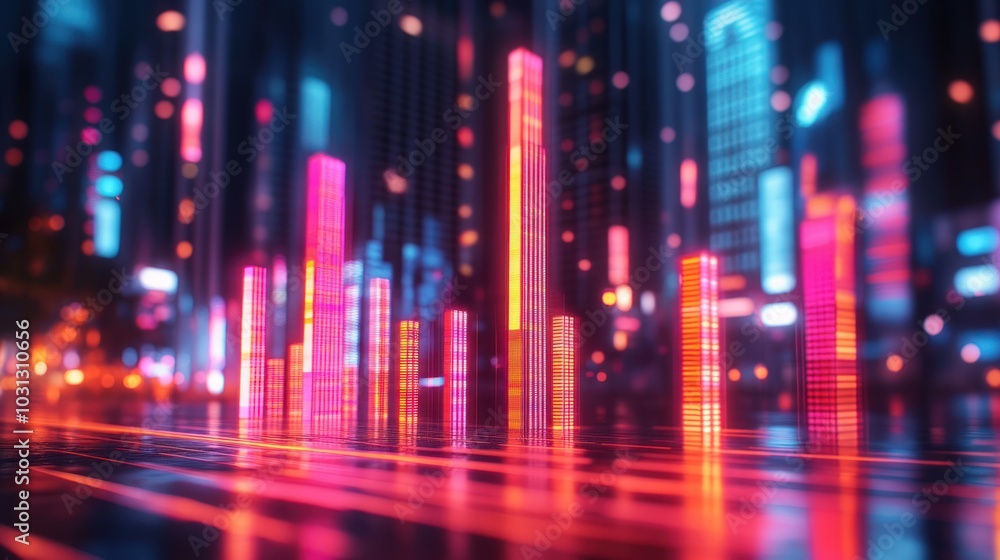 Abstract city skyline with neon lights and glowing buildings. Abstract city skyline with neon lights and glowing buildings.