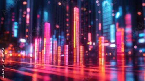 Abstract city skyline with neon lights and glowing buildings.