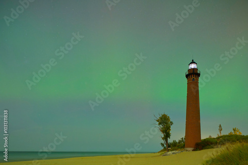 lighthouse at night with aurora