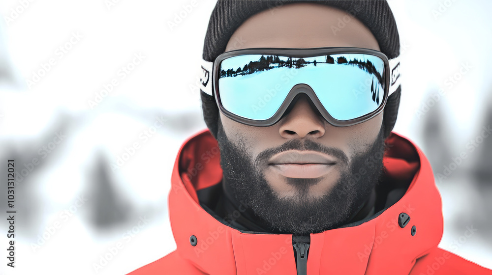 A young man in a red jacket and ski goggles looks directly at the camera in a snowy setting. A young man in a red jacket and ski goggles looks directly at the camera in a snowy setting.