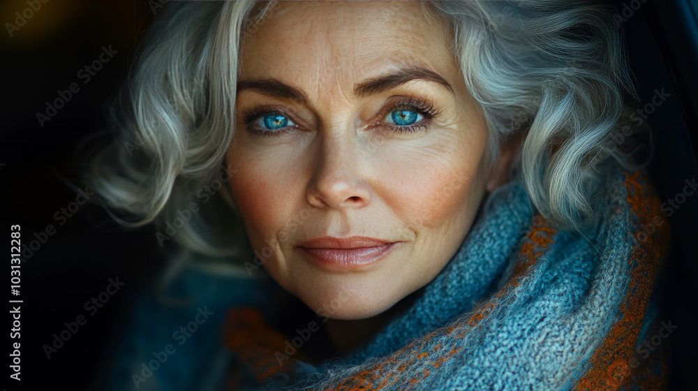 A mature woman with silver hair and bright blue eyes gazes intensely at the camera. A mature woman with silver hair and bright blue eyes gazes intensely at the camera.