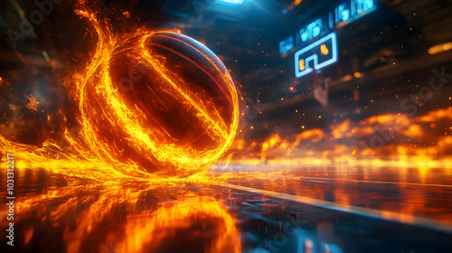 A fiery basketball in a dyn...
