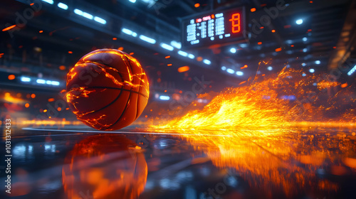 A fiery basketball rolling ...