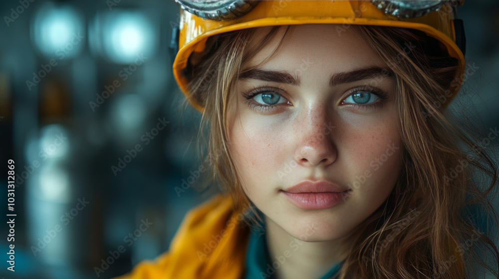 Young woman with blue eyes wearing a yellow hard hat. Young woman with blue eyes wearing a yellow hard hat.