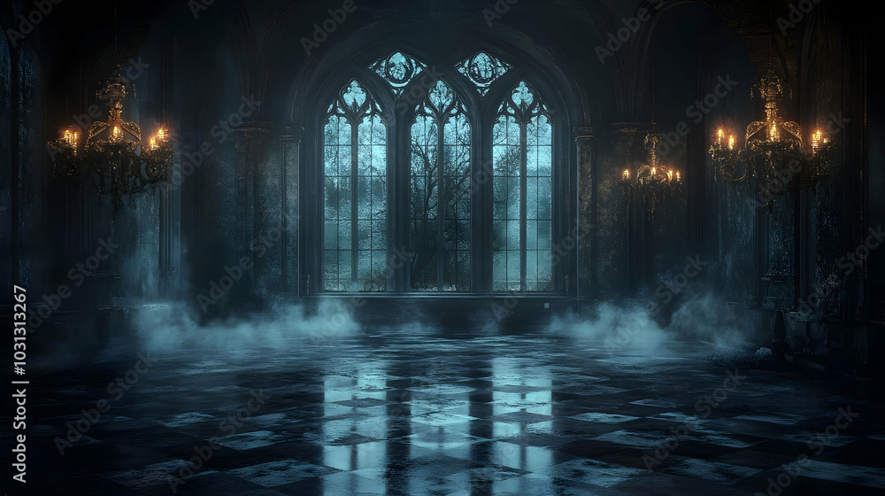 A dark, atmospheric interior with gothic architecture and mist. A dark, atmospheric interior with gothic architecture and mist.