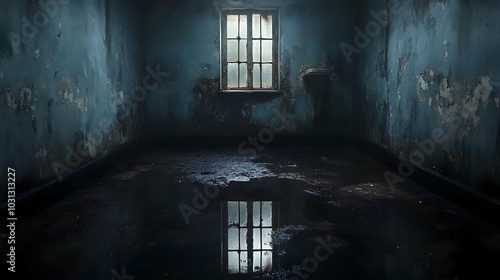 A dim, abandoned room with a window and a reflective puddle.