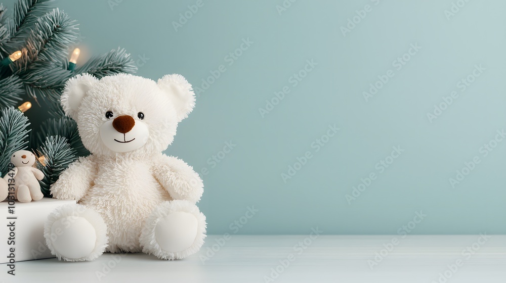 A plush white teddy bear sits beside a small figure near greenery and gentle Christmas lights, evoking warmth. Nursery Christmas Decor Concept A plush white teddy bear sits beside a small figure near greenery and gentle Christmas lights, evoking warmth. Nursery Christmas Decor Concept