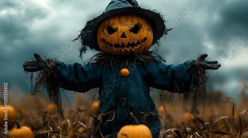 Scarecrow with a pumpkin he...