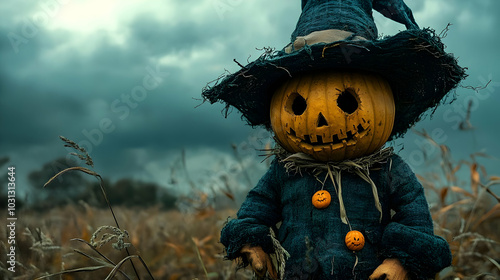 A spooky scarecrow stands i...