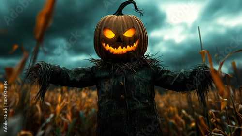 A spooky scarecrow with a g...