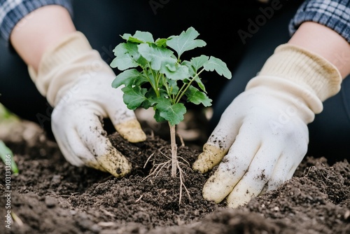 A person planting a young sapling in rich soil, nurturing the environment.