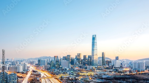 A twilight image of a city skyline with vibrant lights twinkling against the darkening sky. The photo captures movement from traffic below, adding a dynamic element to the stillness of the photo