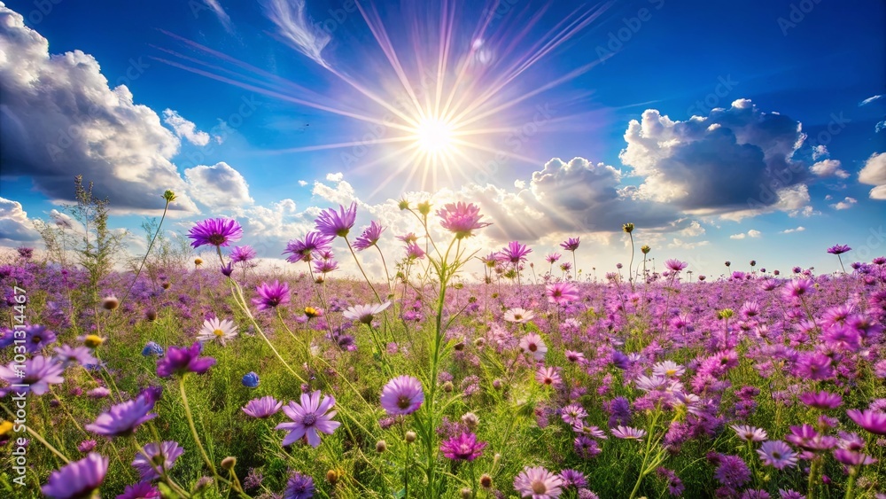 A Field of Blooming Purple Flowers Bathed in Golden Sunlight with White Fluffy Clouds in a Clear Blue Sky A Field of Blooming Purple Flowers Bathed in Golden Sunlight with White Fluffy Clouds in a Clear Blue Sky