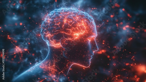 A glowing human head with a detailed brain inside.