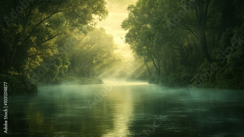 Serene Forest River with Mist and Sunlight