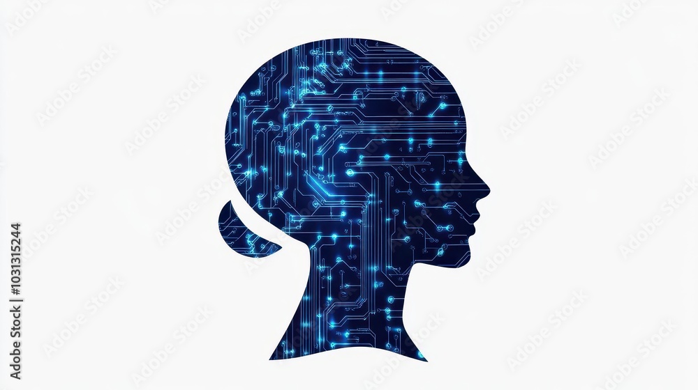 a blue silhouette of a human head filled with intricate ai circuits, set against a clean white background, embodying the integration of technology and humanity a blue silhouette of a human head filled with intricate ai circuits, set against a clean white background, embodying the integration of technology and humanity
