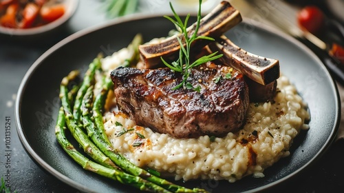 a beautifully plated dish of succulent lamb chops next to creamy risotto, garnished with charred asparagus, showcasing a mouthwatering culinary creation