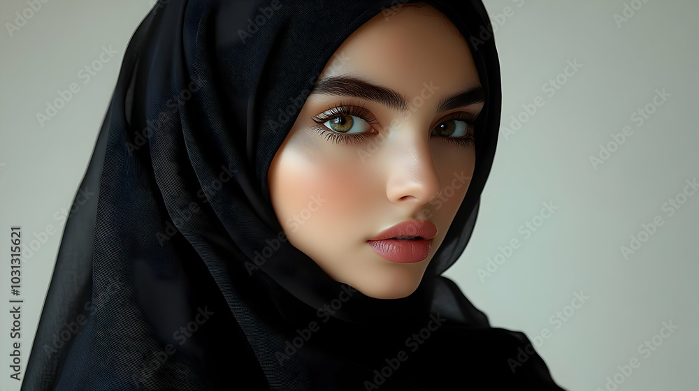 Portrait of a woman wearing a black hijab, showcasing beauty. Portrait of a woman wearing a black hijab, showcasing beauty.