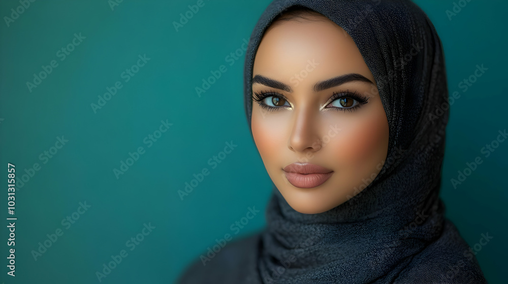 Portrait of a woman wearing a hijab with a serene expression. Portrait of a woman wearing a hijab with a serene expression.