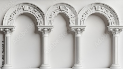 Three white arches with columns  against a white wall.