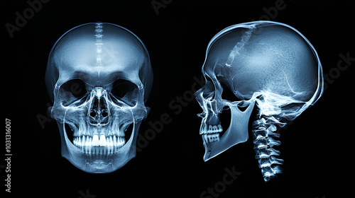 An x-ray image of a human skull showing both the front and side views.  The cervical spine is also visible. photo