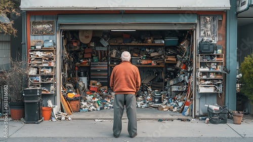 Senior Man Standing Before Messy Garage