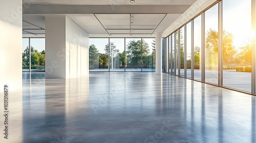 Bright  spacious interior with large windows and polished floors.