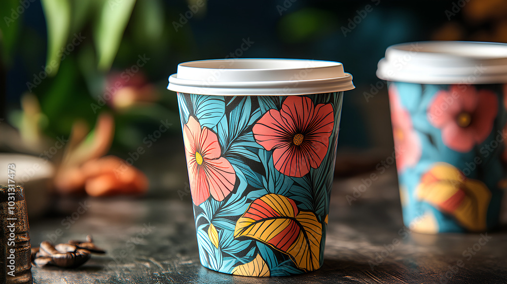 A single paper coffee cup with a floral design and a white lid, resting on a wooden surface. A single paper coffee cup with a floral design and a white lid, resting on a wooden surface.