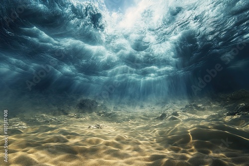 Underwater View of Sunbeams Illuminating Sandy Ocean Floor