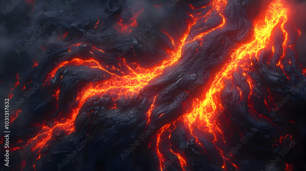 A close-up view of flowing lava amidst dark volcanic rock. A close-up view of flowing lava amidst dark volcanic rock.