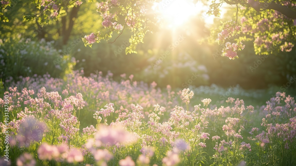 Obraz premium a picturesque wildflower meadow bursting with pink blossoms, bathed in morning sunlight, creating an idyllic spring scene with lilac bushes in bloom