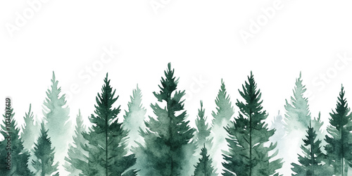 Watercolor Forest Landscape with Pine Trees on a white background