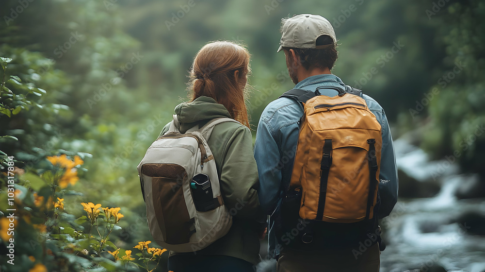 A couple with backpacks enjoying nature by a stream. A couple with backpacks enjoying nature by a stream.