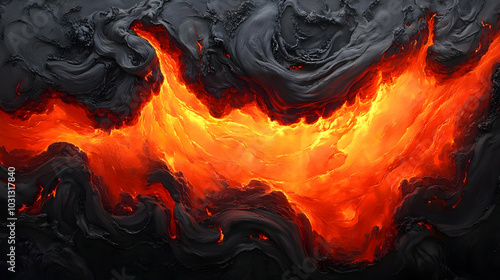 Abstract depiction of flowing lava with dark, smoky textures.