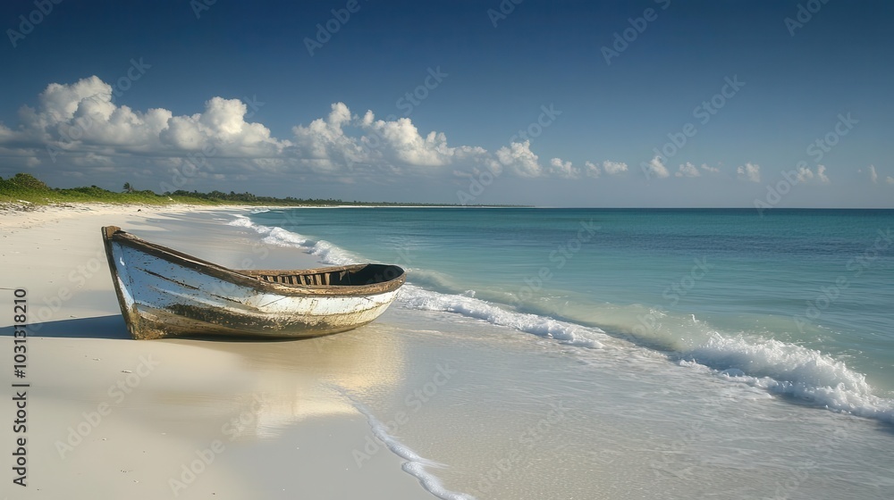 a serene boat anchored on a tranquil beach, surrounded by gentle waves, soft sand, and a clear blue sky, creating a peaceful getaway that invites relaxation and exploration a serene boat anchored on a tranquil beach, surrounded by gentle waves, soft sand, and a clear blue sky, creating a peaceful getaway that invites relaxation and exploration