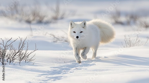 Arctic fox darting through snowy tundra, leaving light paw prints in the snow, Arctic Fox, Speed and adaptability