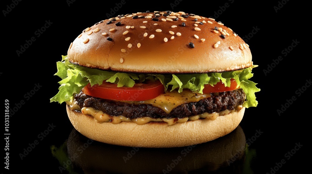 Juicy Hamburger with Fresh Ingredients on Black Background Juicy Hamburger with Fresh Ingredients on Black Background