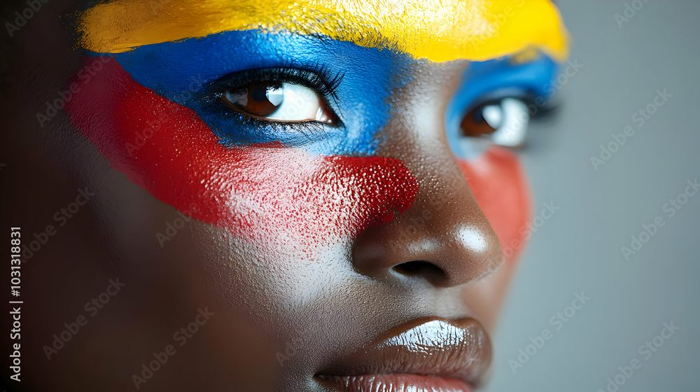 Close-up of a face adorned with vibrant, artistic face paint. Close-up of a face adorned with vibrant, artistic face paint.