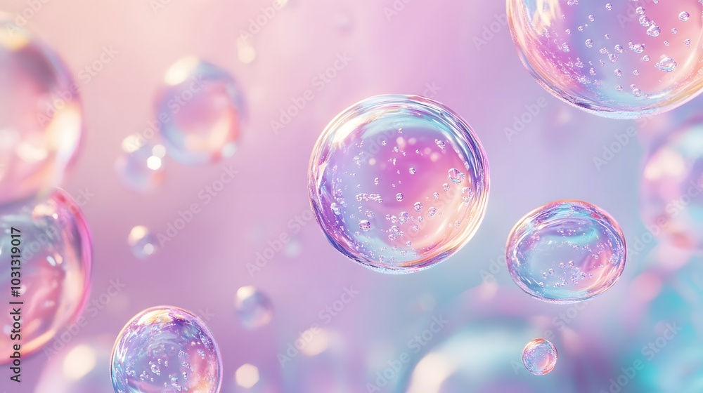Iridescent Bubbles Floating in a Pastel Pink and Blue Background Iridescent Bubbles Floating in a Pastel Pink and Blue Background