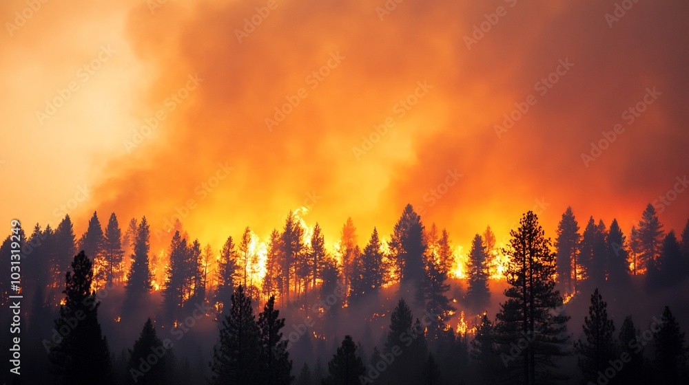 A forest engulfed in flames, showcasing the intensity of wildfires. A forest engulfed in flames, showcasing the intensity of wildfires.