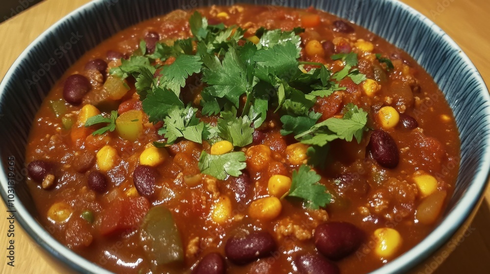 Flavorful chili with herbs and spices in a vibrant bowl Flavorful chili with herbs and spices in a vibrant bowl