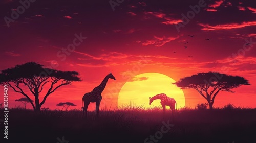 Giraffes feeding from tall trees against a vibrant sunset backdrop, Giraffe, Serenity and African savanna