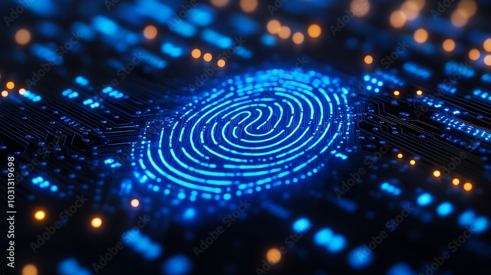 A close-up of a fingerprint-shaped circuit board with electric blue lights illuminating the pathways on a sleek black surface. A close-up of a fingerprint-shaped circuit board with electric blue lights illuminating the pathways on a sleek black surface.