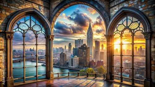 A majestic cityscape viewed through ornate arched windows with the sun setting behind towering buildings, casting a golden glow over the urban panorama