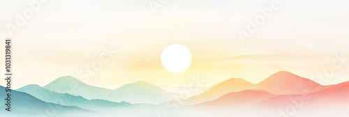 Wallpaper Mural A serene landscape painting with a soft, hazy sunrise over the mountains. Torontodigital.ca